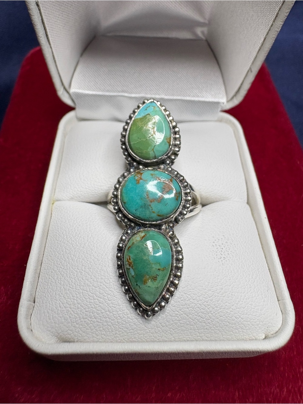 Ring Genuine Turquoise Triple-Stone Sterling Silver